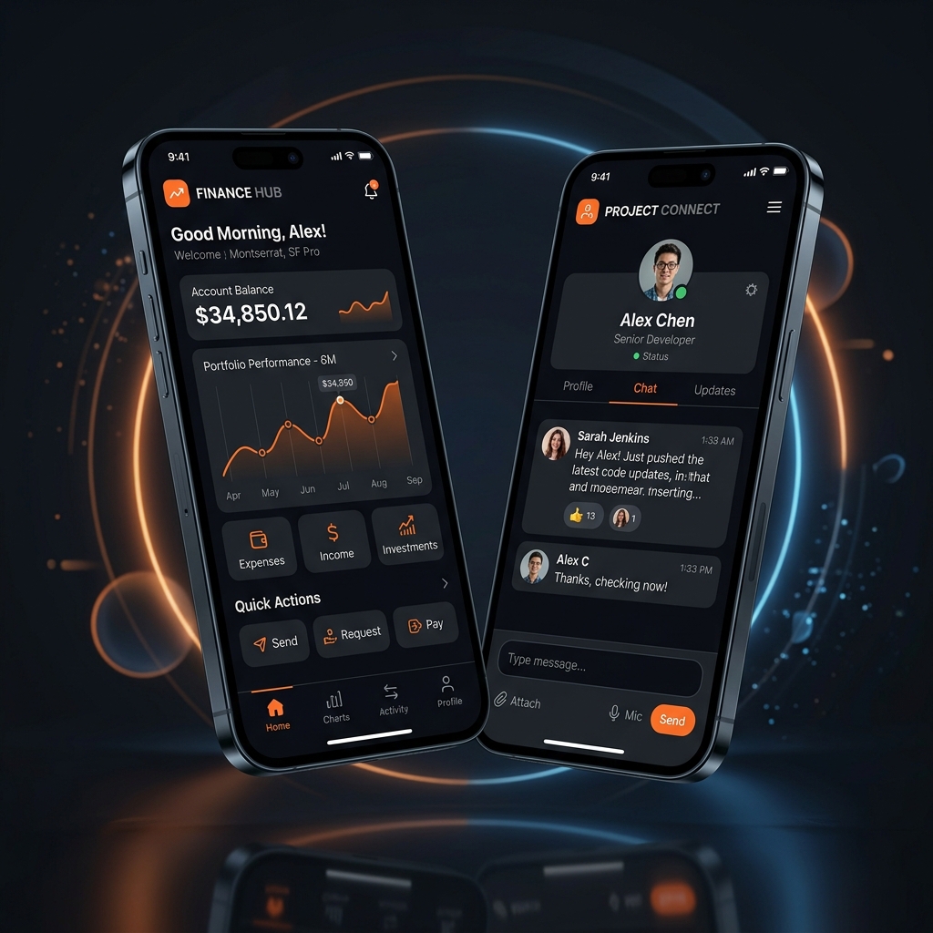 FW Mobile Application design mockups displayed on modern smartphone viewports
