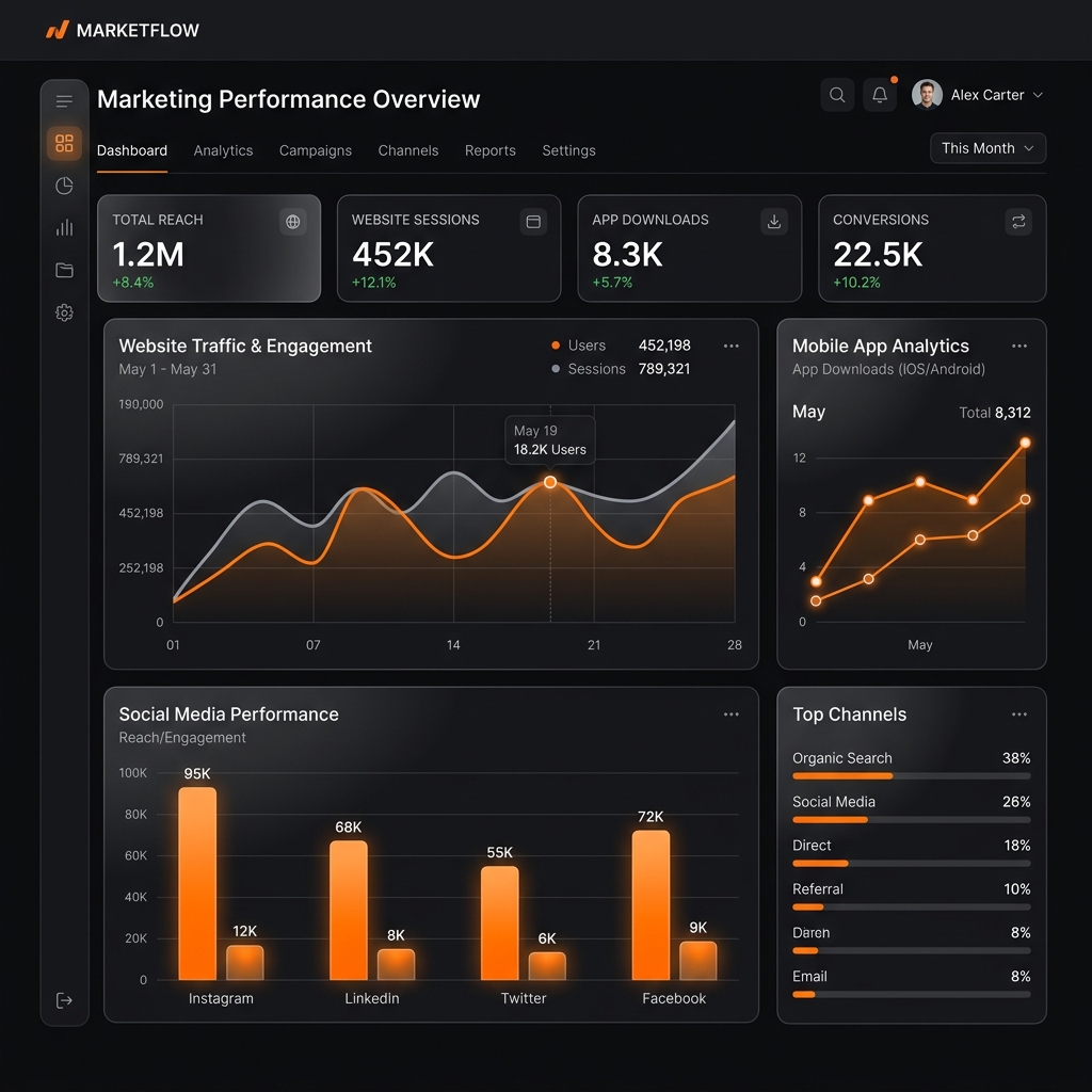 FW Digital Marketing and Analytics Dashboard mockup interface